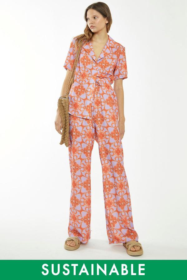 glamorous Lilac-Orange Tribal Print High-Waisted Trousers