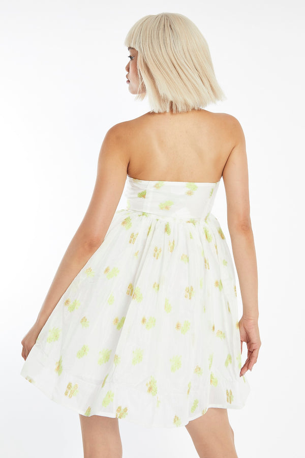 Glamorous Lime-Gold Floral Organza Empire-Line Puff Skirt Mini-Dress