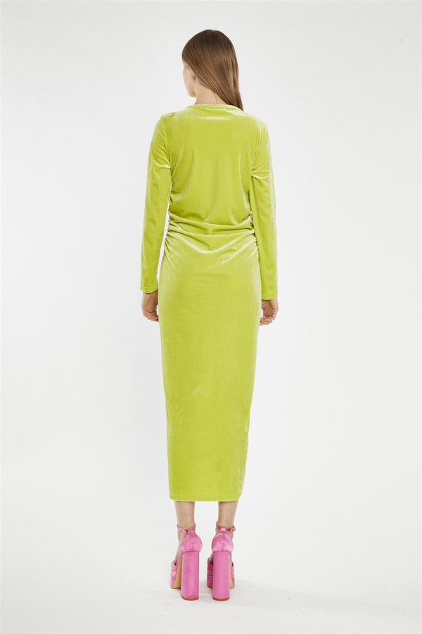 Glamorous Lime-Green Velvet Ruched-Front Midi-Dress