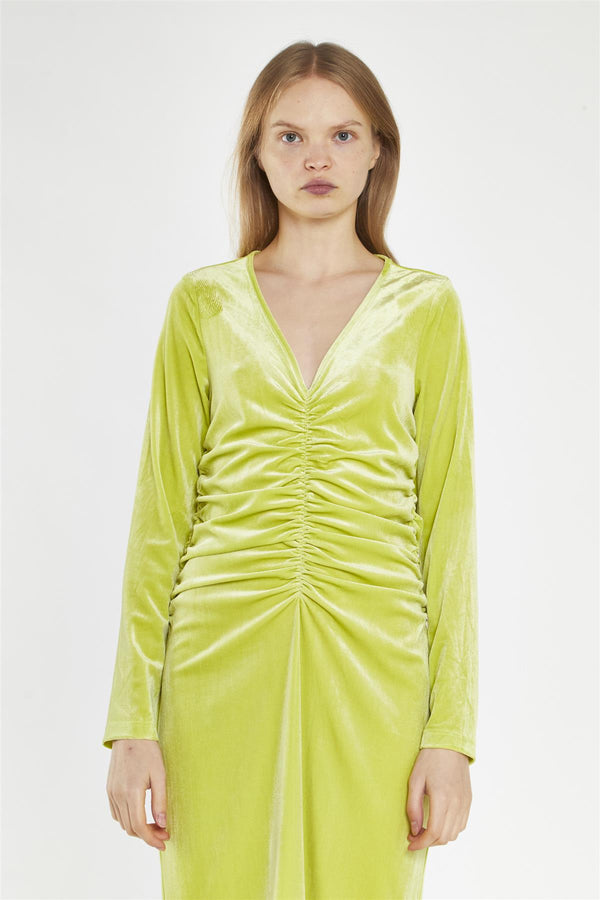 Glamorous Lime-Green Velvet Ruched-Front Midi-Dress