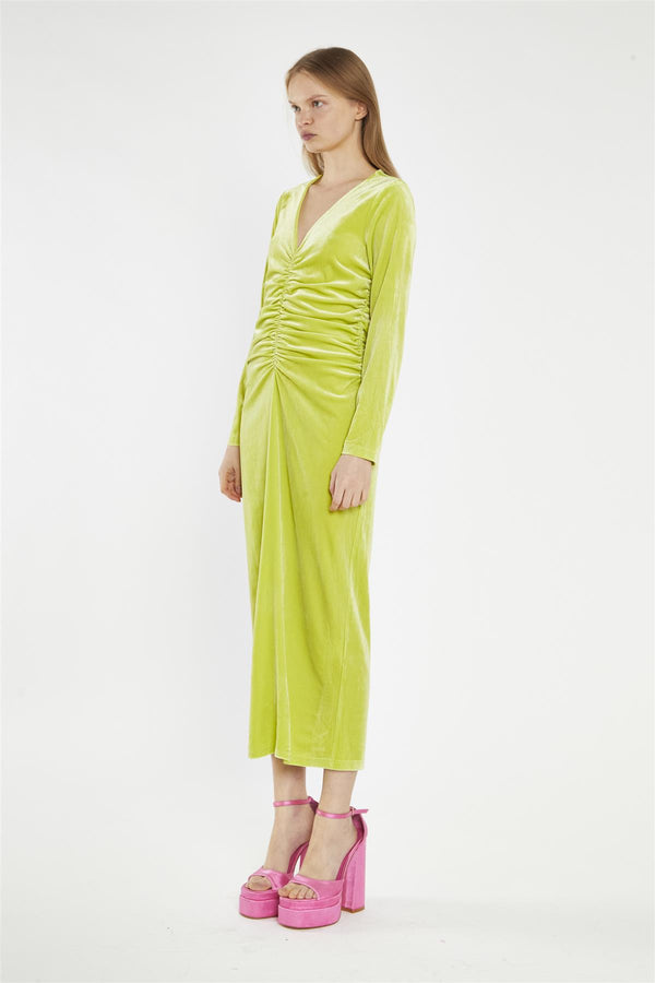 Glamorous Lime-Green Velvet Ruched-Front Midi-Dress