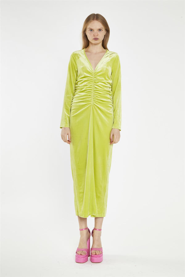 glamorous Lime-Green Velvet Ruched-Front Midi-Dress