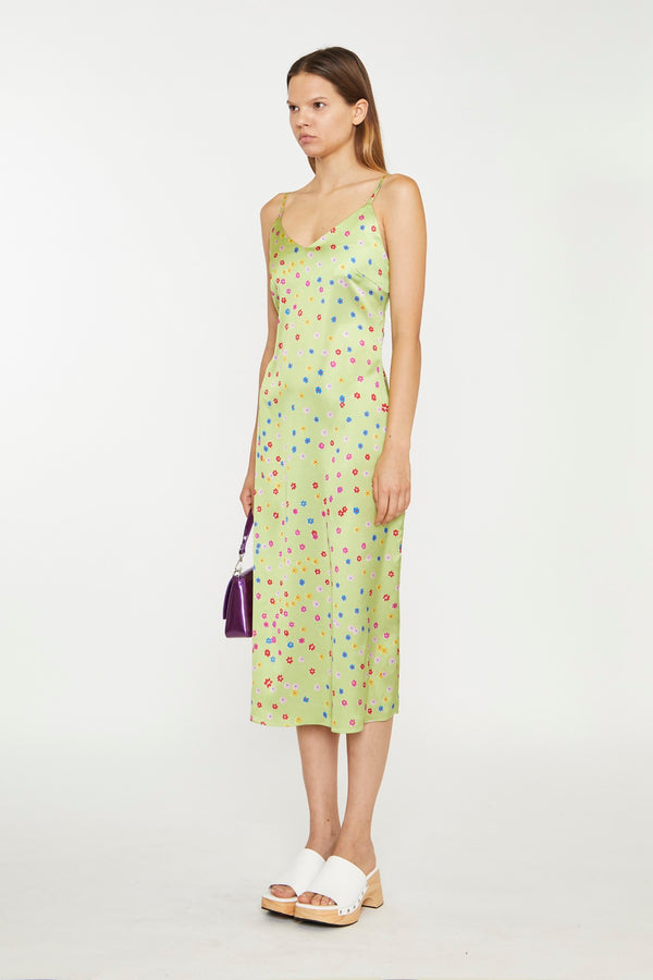 Glamorous Lime-Multi Daisy Bias-Cut Slip Midi-Dress