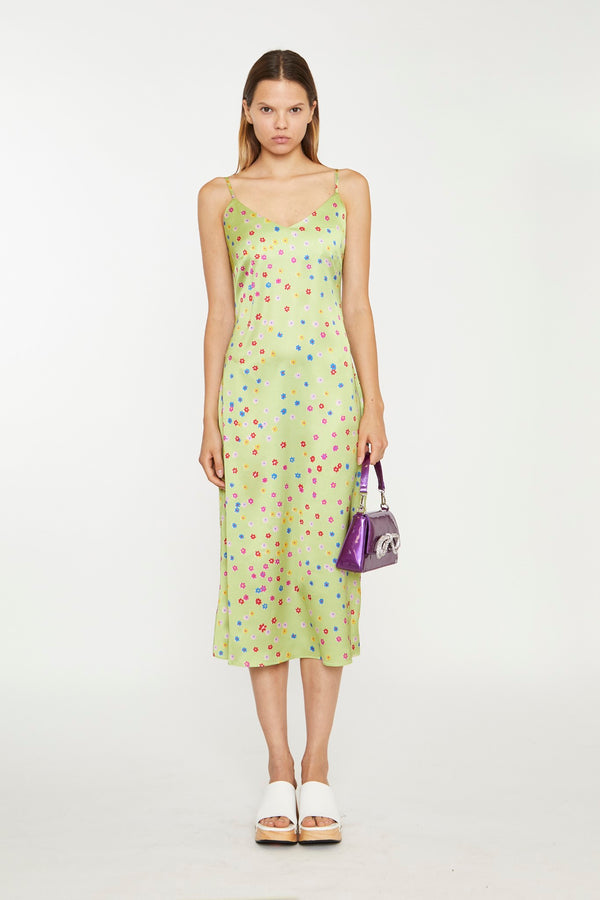 glamorous Lime-Multi Daisy Bias-Cut Slip Midi-Dress