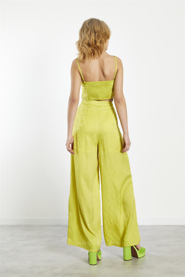 Glamorous Lime-Satin Jacquard High-Waist Wide-Leg Trousers
