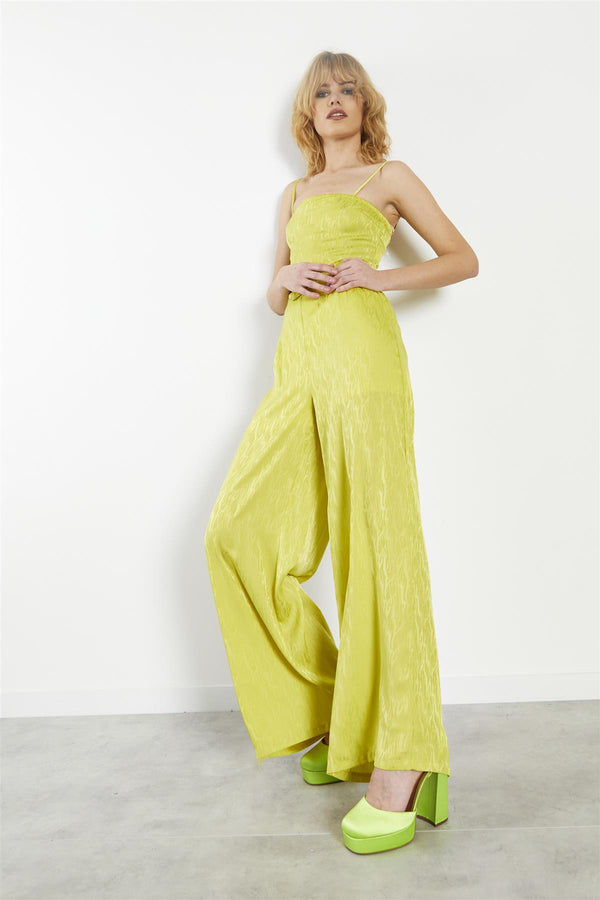 Glamorous Lime-Satin Jacquard High-Waist Wide-Leg Trousers