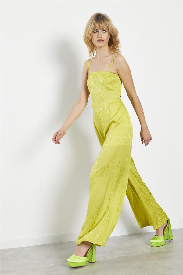 Glamorous Lime-Satin Jacquard High-Waist Wide-Leg Trousers