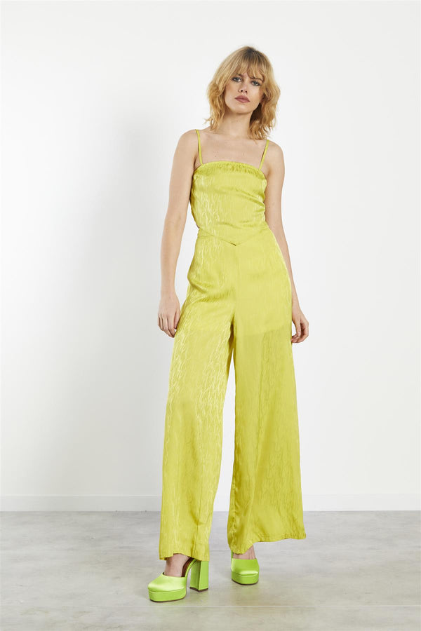 glamorous Lime-Satin Jacquard High-Waist Wide-Leg Trousers