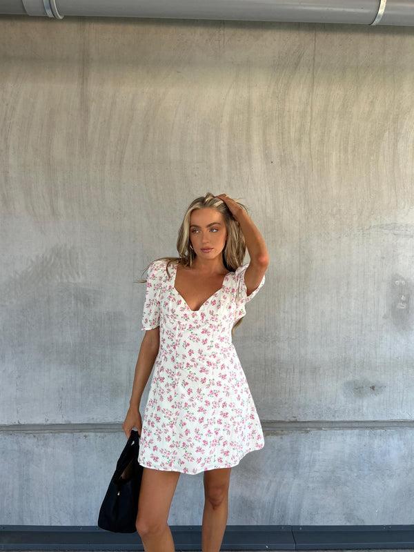 Glamorous Lola Bust Cup Skater Mini Dress With Cut-Out Back -Cream Pink Bouquet