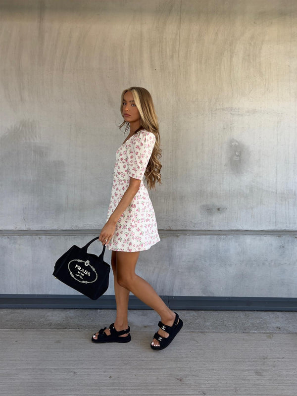 Glamorous Lola Bust Cup Skater Mini Dress With Cut-Out Back -Cream Pink Bouquet