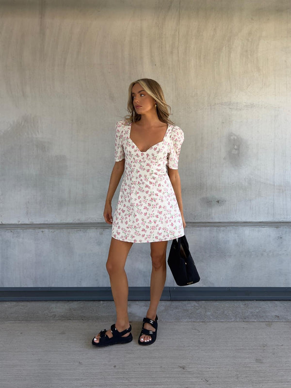 glamorous Lola Bust Cup Skater Mini Dress with Cut-Out Back -Cream Pink Bouquet