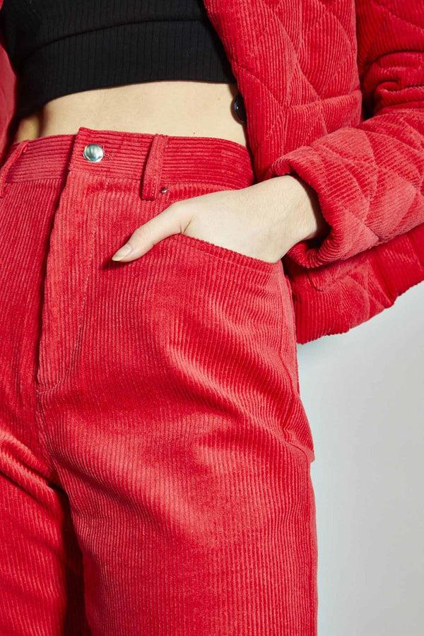 Glamorous Lollipop-Red Corduroy Classic Cropped-Trousers