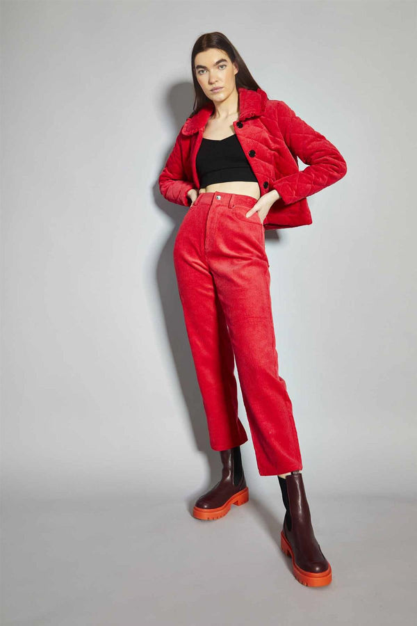 glamorous Lollipop-Red Corduroy Classic Cropped-Trousers