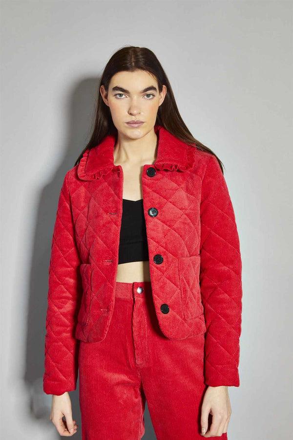 Glamorous Lollipop-Red Corduroy Collared Padded-Jacket