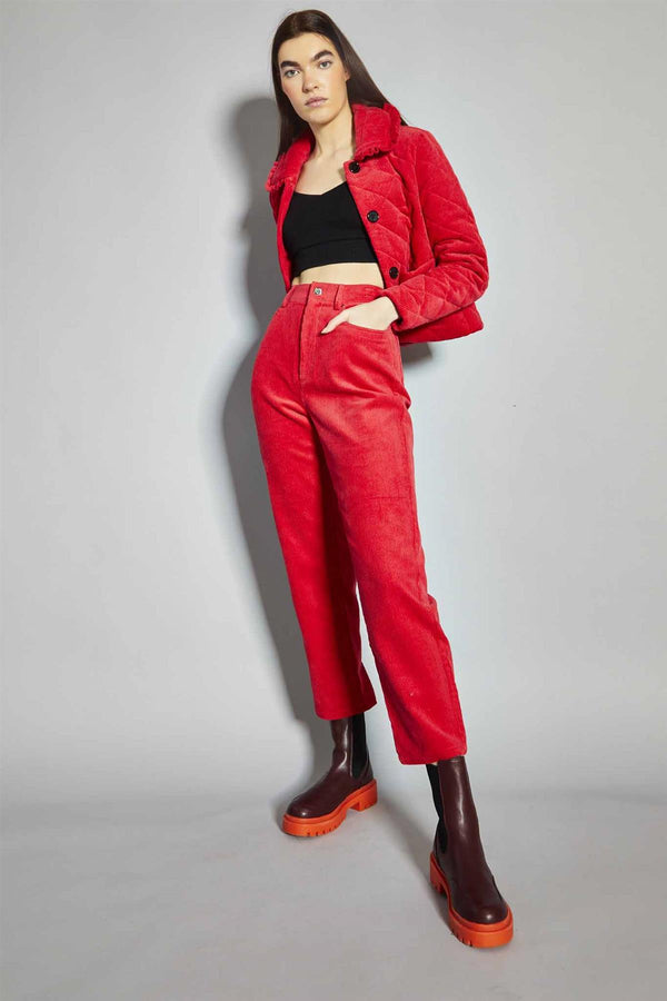 glamorous Lollipop-Red Corduroy Collared Padded-Jacket