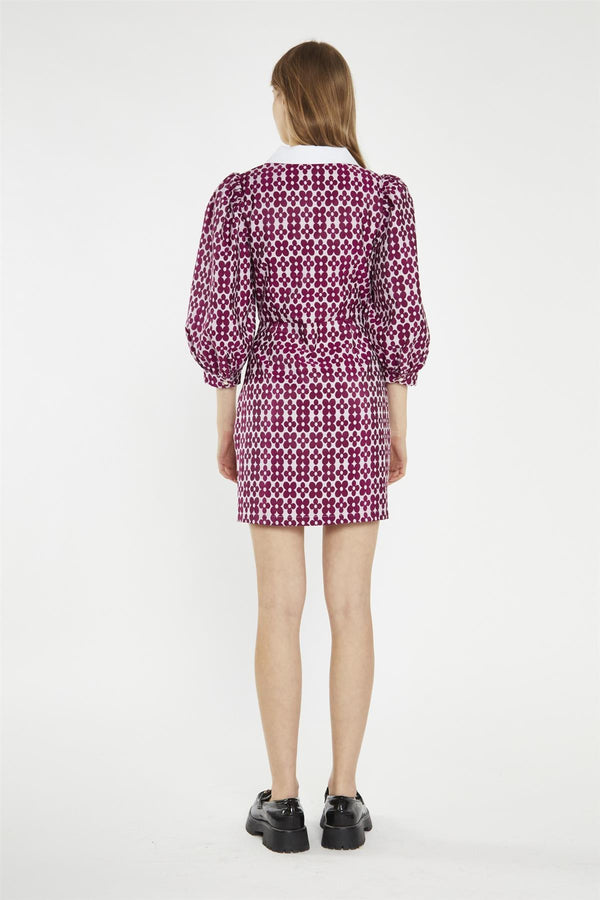 Glamorous Magenta-Flower Brocade Collared Mini-Dress