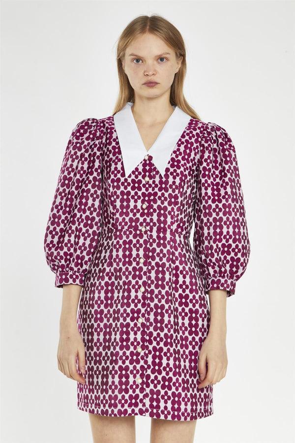 Glamorous Magenta-Flower Brocade Collared Mini-Dress