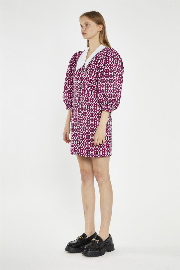 Glamorous Magenta-Flower Brocade Collared Mini-Dress