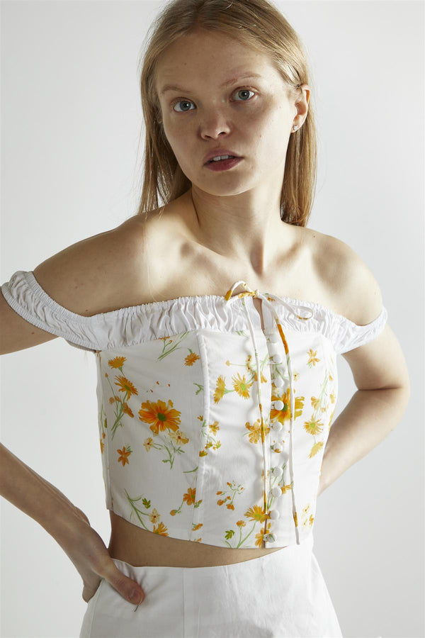 Glamorous Marigold Floral White Corselette Crop-Top