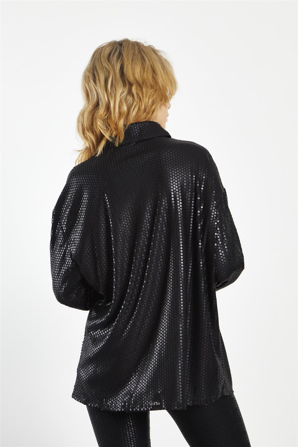 Glamorous Matt-Black Sequin Collared Long-Sleeve Shirt