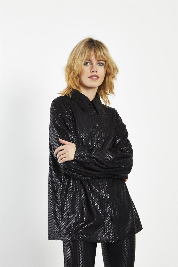 Glamorous Matt-Black Sequin Collared Long-Sleeve Shirt