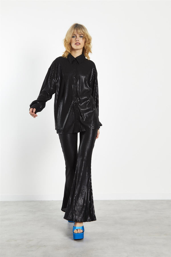 glamorous Matt-Black Sequin Collared Long-Sleeve Shirt