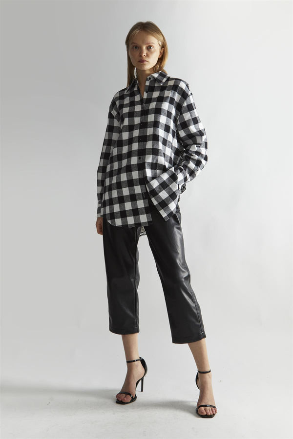 glamorous Mono-Check Applique Oversized Classic-Shirt