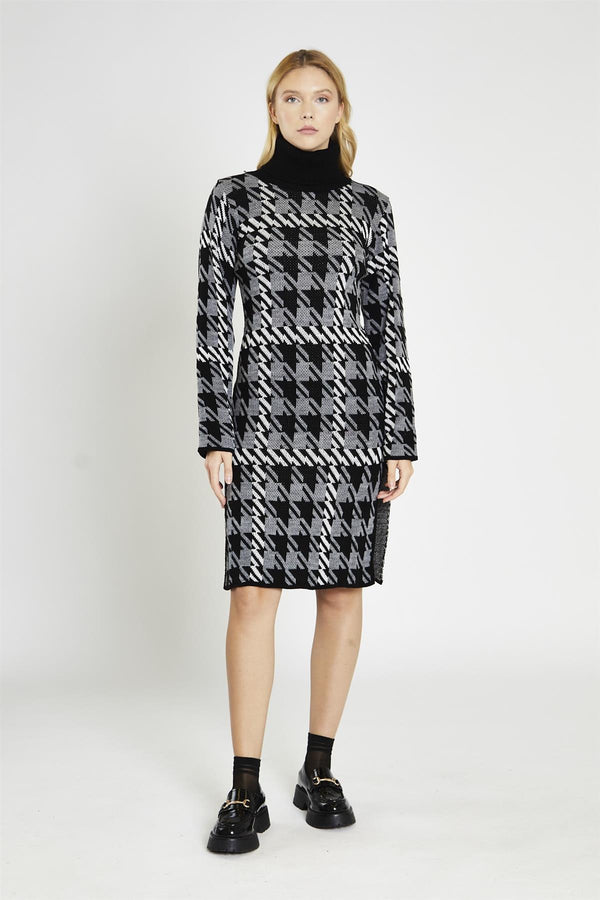Glamorous Mono Tartan-Check Roll-Neck Jumper Midi-Dress