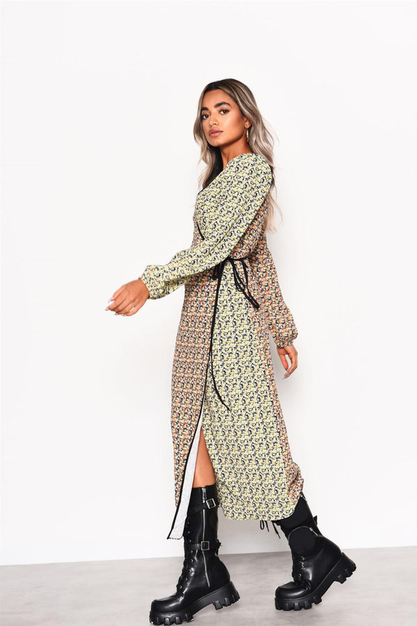 Glamorous Multi Orange-Yellow Ditsy Wrap Midi-Dress