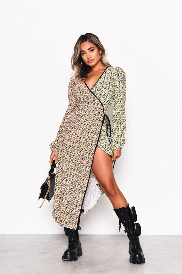 glamorous Multi Orange-Yellow Ditsy Wrap Midi-Dress