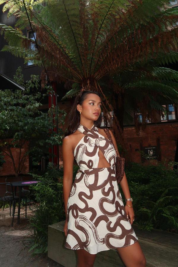 Glamorous Natural-Brown-Swirl Cross-Halter-Neck Mini-Dress