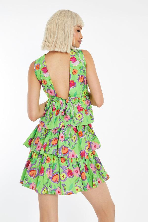 Glamorous Neon Green Floral Plunge-Top Tiered-Skirt Mini-Dress