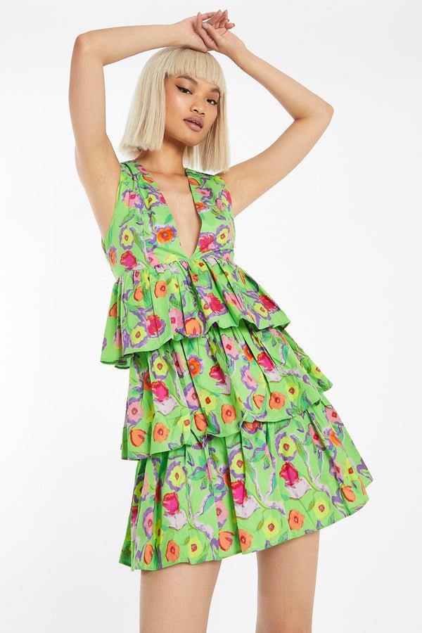 glamorous Neon Green Floral Plunge-Top Tiered-Skirt Mini-Dress