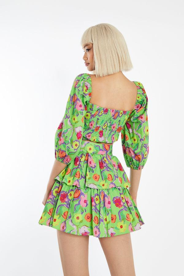 Glamorous Neon-Green Floral Twist Front Puff Sleeve Crop-Top