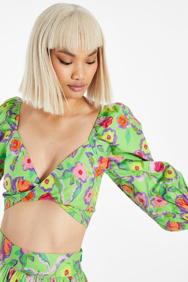 Glamorous Neon-Green Floral Twist Front Puff Sleeve Crop-Top