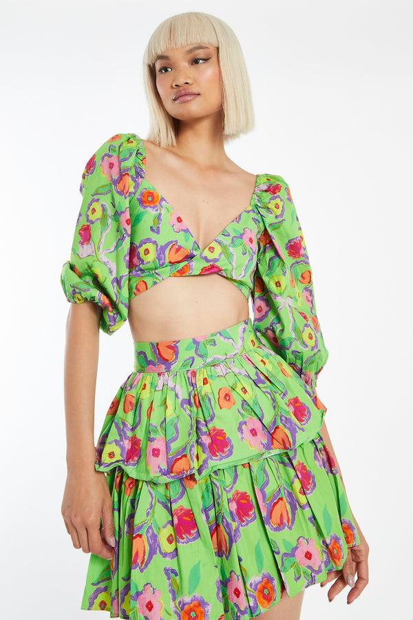 glamorous Neon-Green Floral Twist Front Puff Sleeve Crop-Top