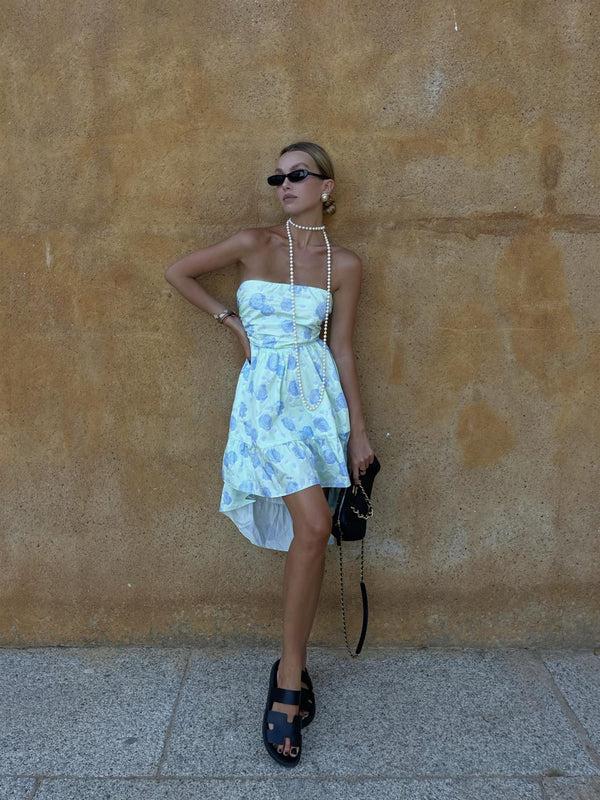 glamorous Niamh Strapless Hi-Low Dress -Mint-Blue Floral
