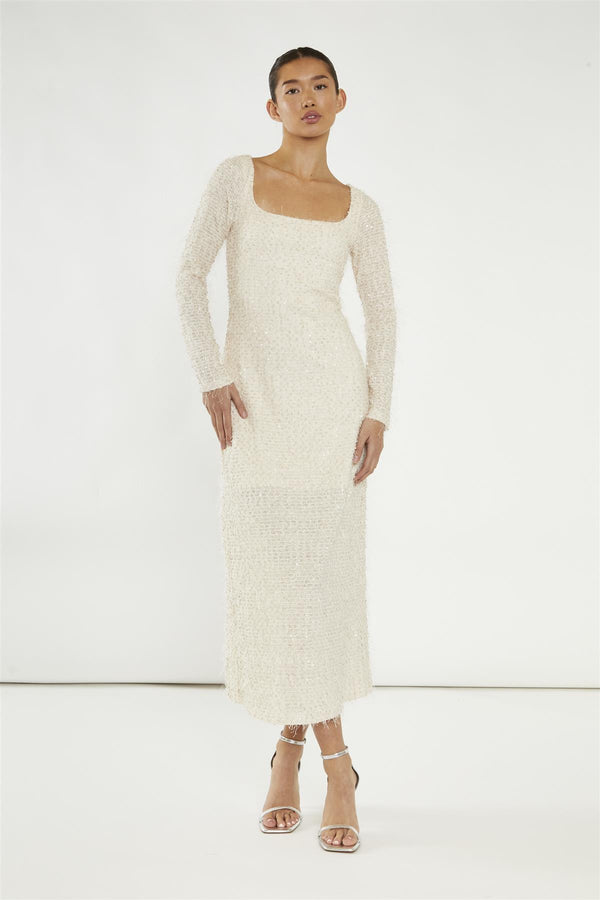 glamorous Nude Textured-Sequin Square-Neck Midaxi-Dress