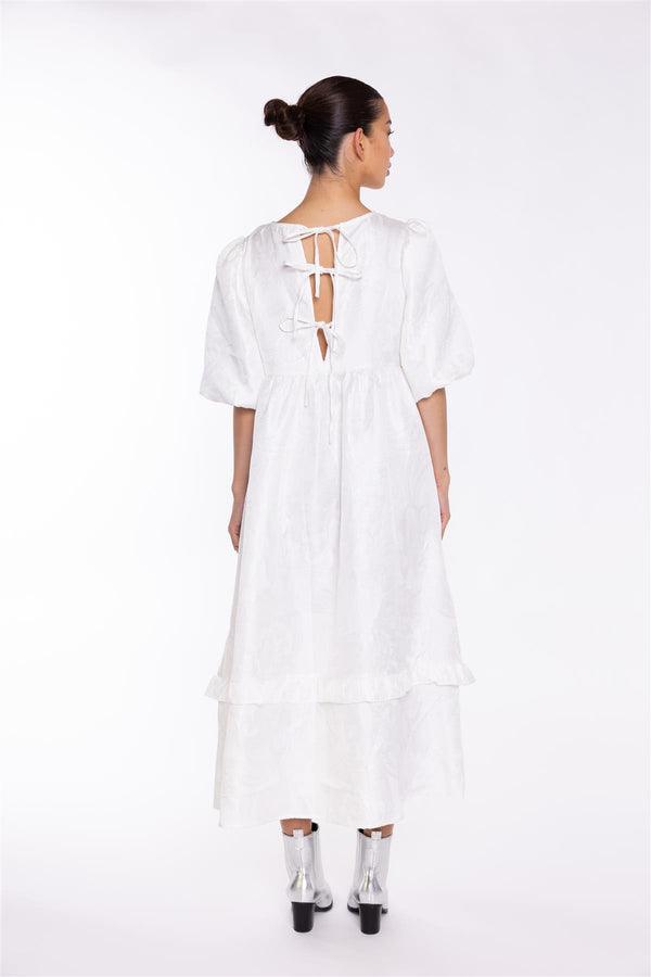 Glamorous Off-White Brocade Tiered Tie-Back Midi-Dress