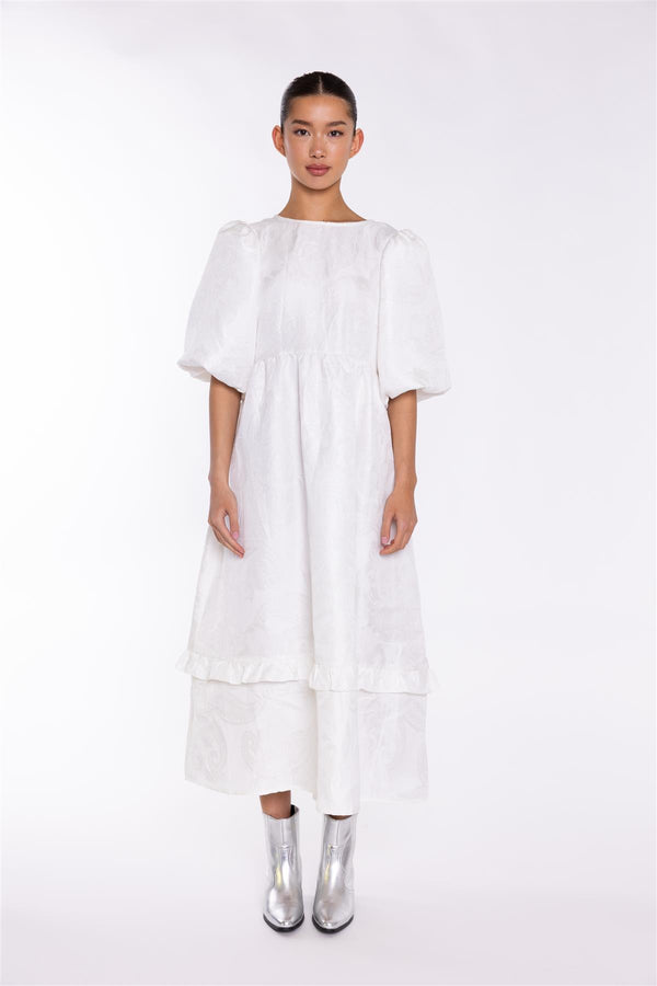 glamorous Off-White Brocade Tiered Tie-Back Midi-Dress