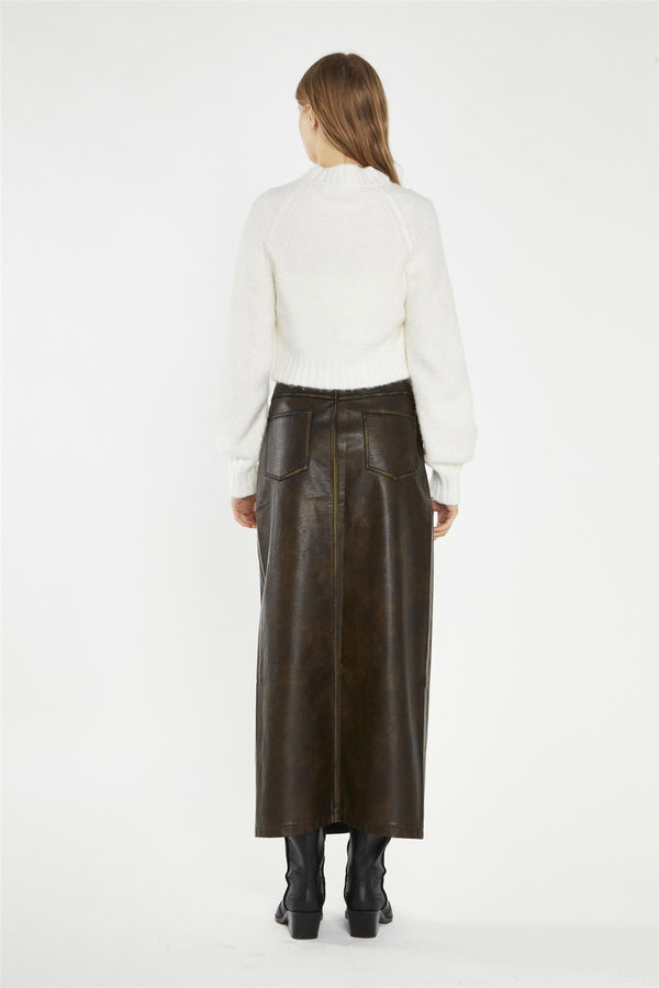 Glamorous Olive-Brown Distressed-PU Straight Midi-Skirt