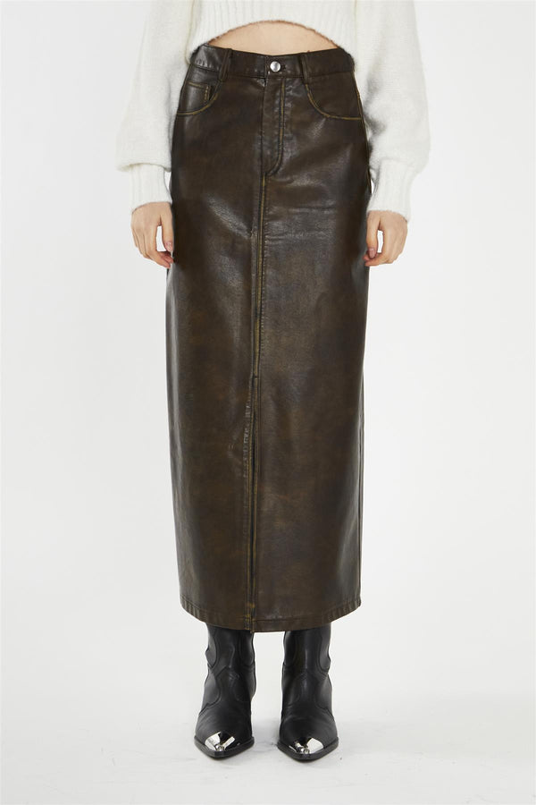 Glamorous Olive-Brown Distressed-PU Straight Midi-Skirt
