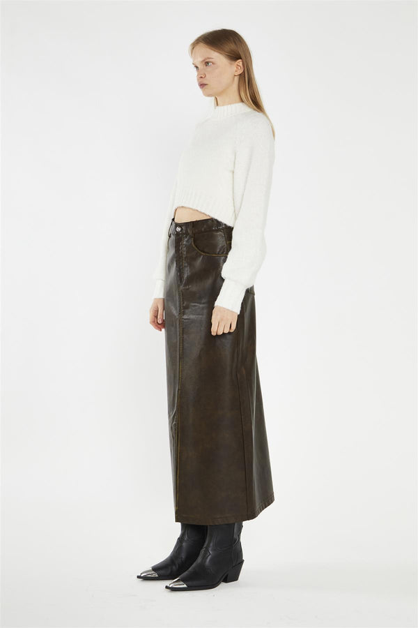 Glamorous Olive-Brown Distressed-PU Straight Midi-Skirt