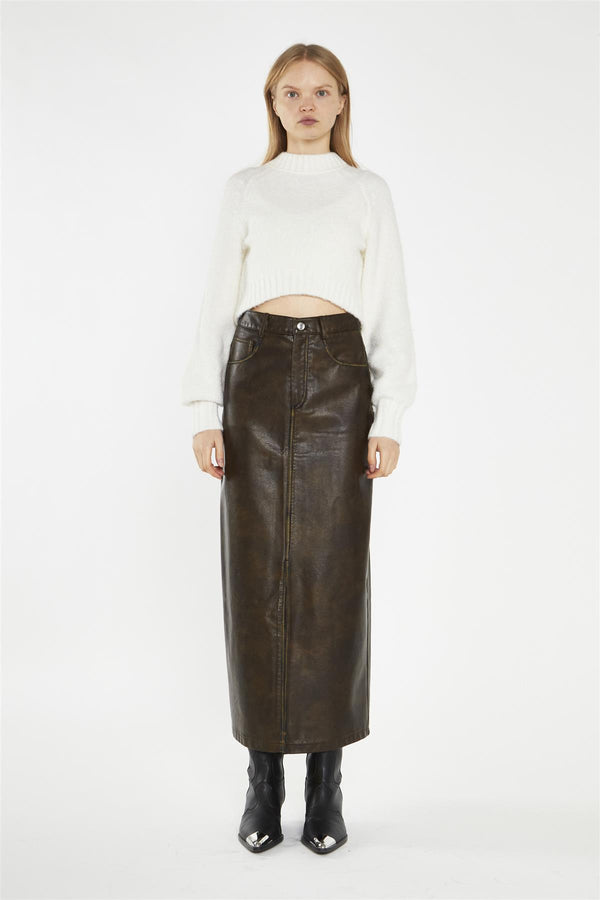 glamorous Olive-Brown Distressed-PU Straight Midi-Skirt