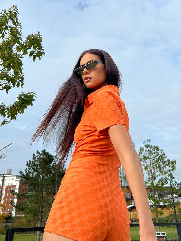 Glamorous Orange Checkerboard Button Through Romper
