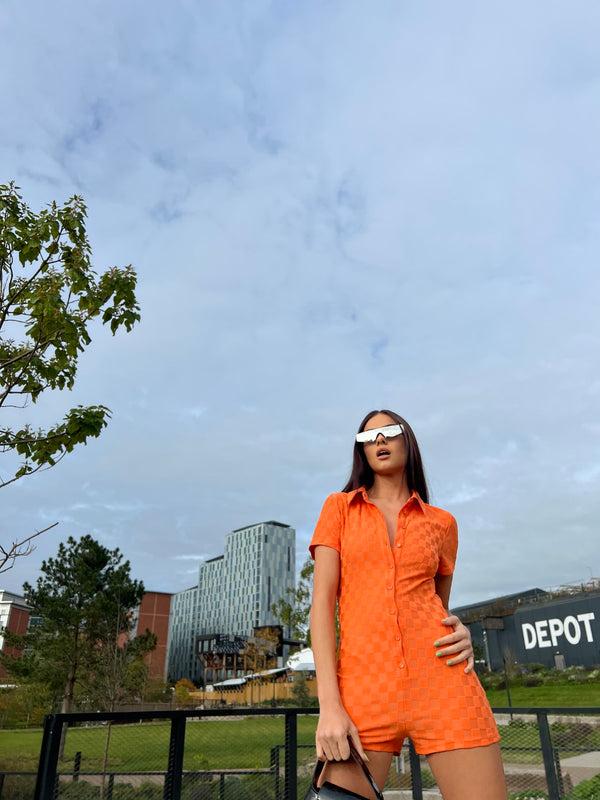 Glamorous Orange Checkerboard Button Through Romper