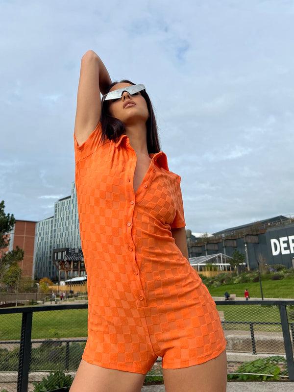 glamorous Orange Checkerboard Button Through Romper