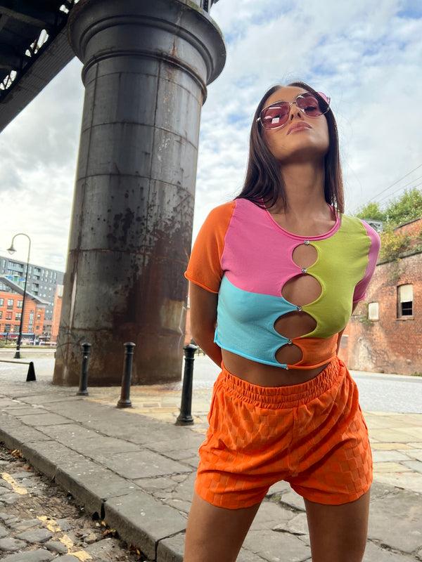 Glamorous Orange Checkerboard Patch Pocket Track Shorts