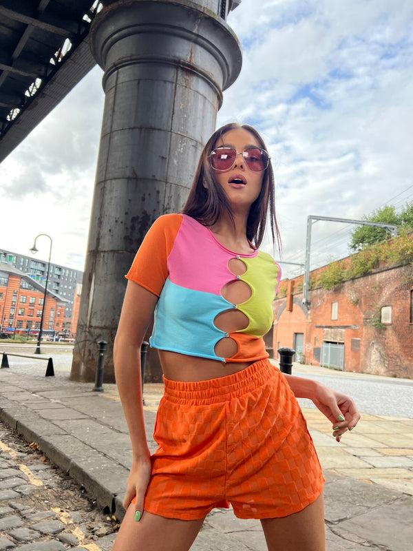 glamorous Orange Checkerboard Patch Pocket Track shorts