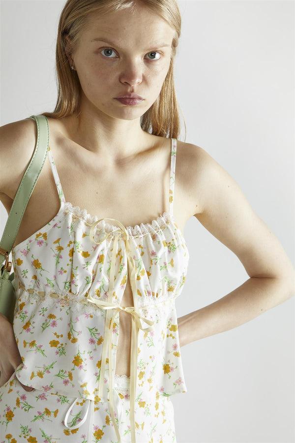 Glamorous Orange-Pink Spring-Floral Tie-Front Crop-Top